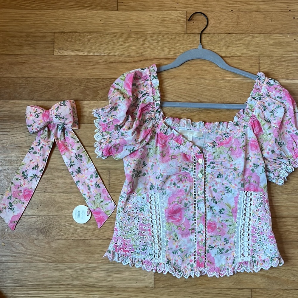 Love Shack Fancy Silk Top- matching hair bow clip